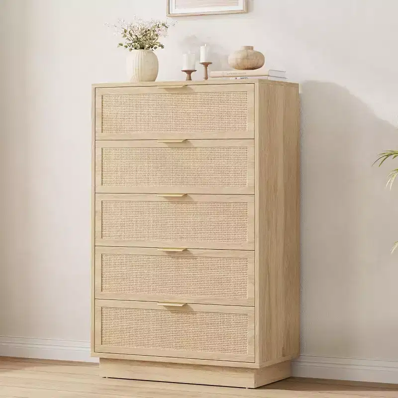 Antique White Rattan 5-Drawer Dresser, 46.7 Tall Chest with Metal Handles for Bedroom, Living Room, or Nursery Storage