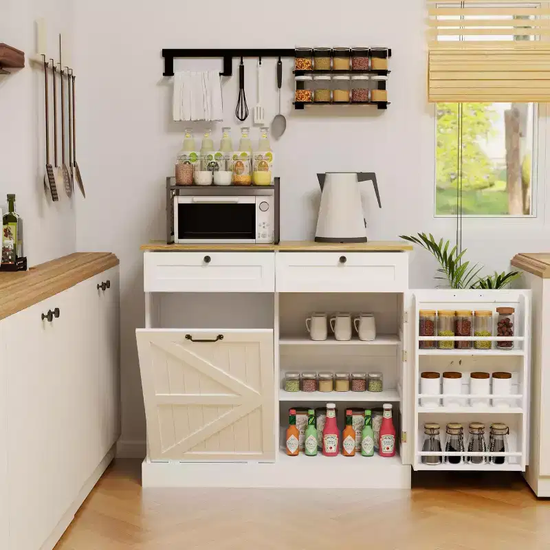 Tilt Out Trash Can Cabinet, Hidden Trash Can Cabinet for Kitchen Pull Out Trash Cabinet with Storage, Trash Bin Cabinet with 2 Drawers White