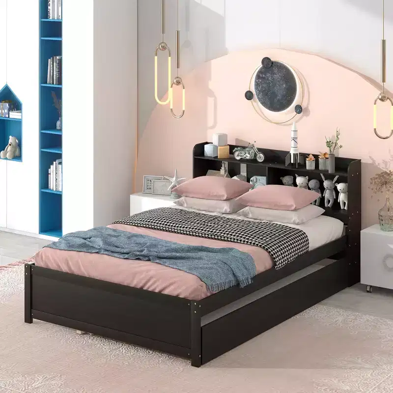 Full Size Storage Headboard Bed with Pull Out Trundle, Solid Pine Wood