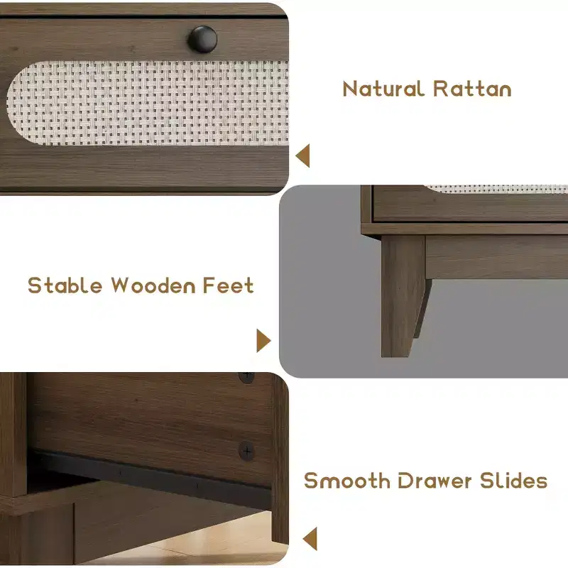 WhizMax 3 Drawer Wood Dresser, Rattan Nightstand Bedside Table