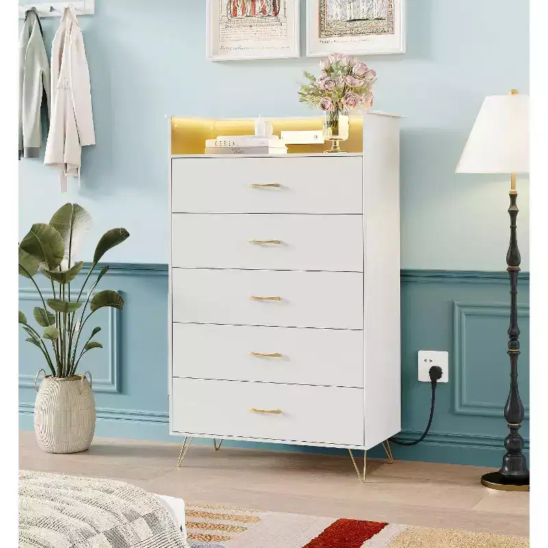Acekool 5 Drawer Tall Dresser, Modern White Chest with Silent Drawers, Water-Resistant Storage Organizer for Bedroom, Closet, Hallway