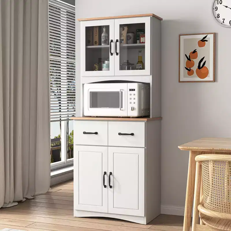 23 Wooden Kitchen Cabinet, Pantry Microwave Cabinet with Glass Doors and Drawers, Adjustable Shelves, White