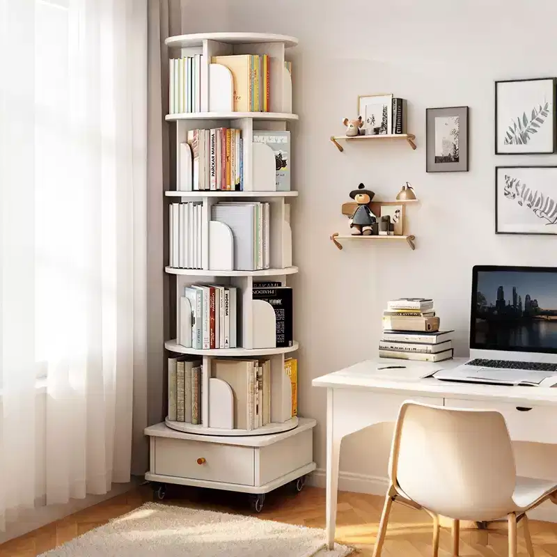 6 Tier 360 Rotating Bookshelf Warm White Round Spinning Tower 18.11x18.11x68.11
