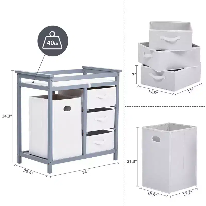 36 Modern Baby Changing Table Dresser with 3 Drawers & Laundry Hamper  Nursery Furniture