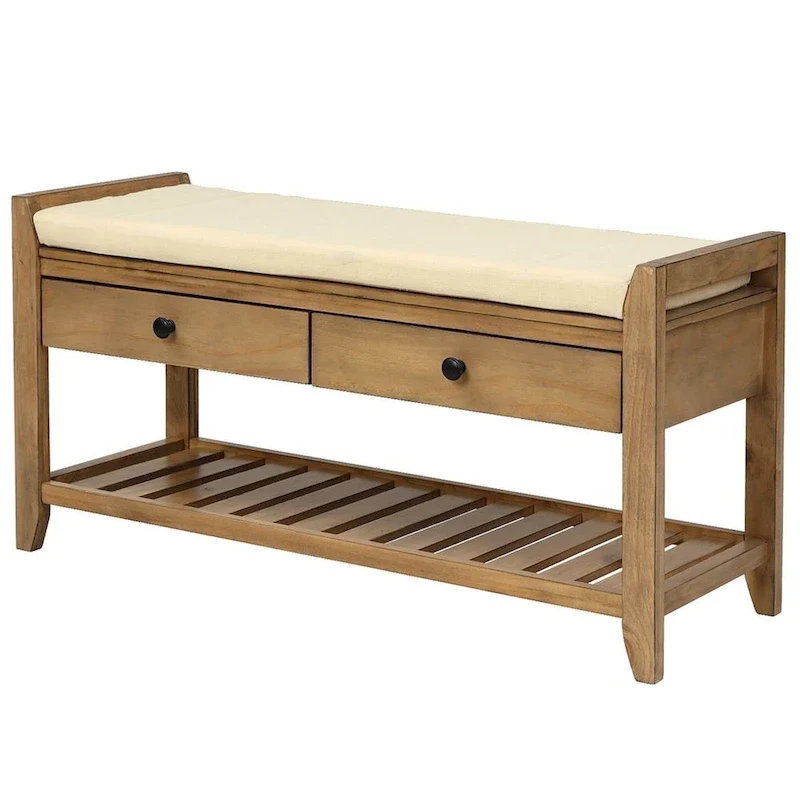 Wooden Storage Bench with Shoe Rack and Drawers