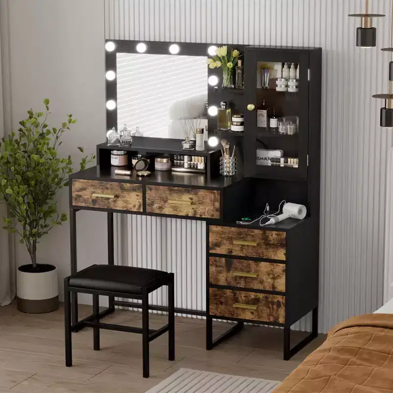 Large Makeup Vanity and Stool, Vanity Table with Mirror and Lights, Makeup Table with Charging Station, Drawers and LED Bulbs