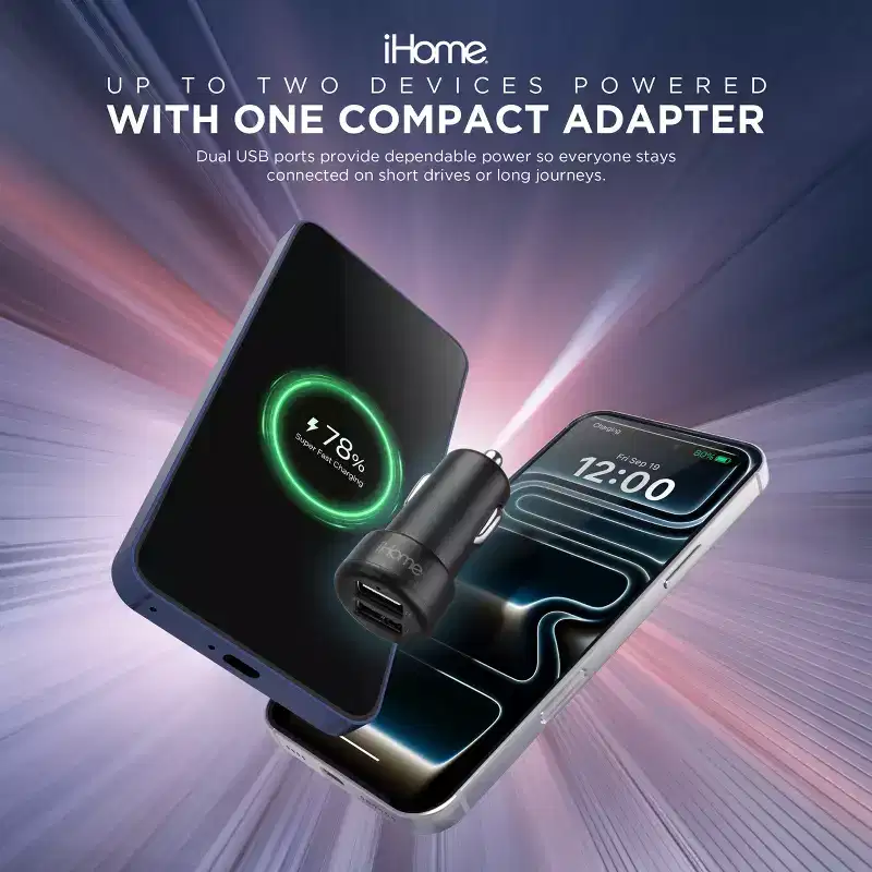 iHome Dual Port Car Charger + 3Ft USB C Cable, Fast iPhone/Samsung Charger, Compact & Lightweight Design