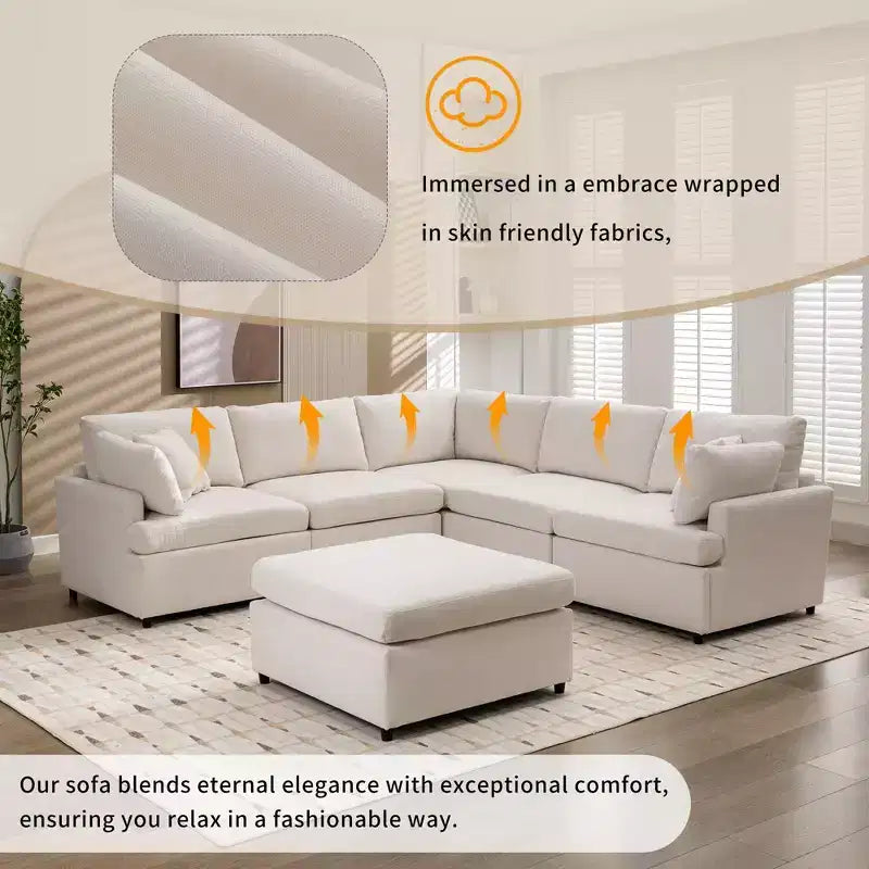 Okak U-Shaped Convertible Sectional Sofa Couch with Movable Ottoman, Modern 6 Seat Upholstered Sofa for Living Room,Apartment