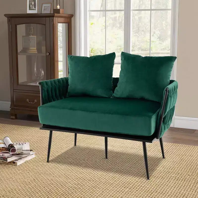 Costway Modern Loveseat Sofa Upholstered Dutch Velvet Couch with Woven Back & Arms Green/Grey