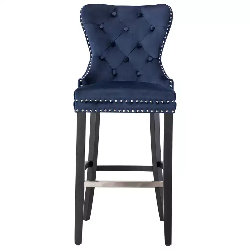 29 Tufted Upholstered Velvet Bar Stool with Metal Footrest, Velvet Navy Blue