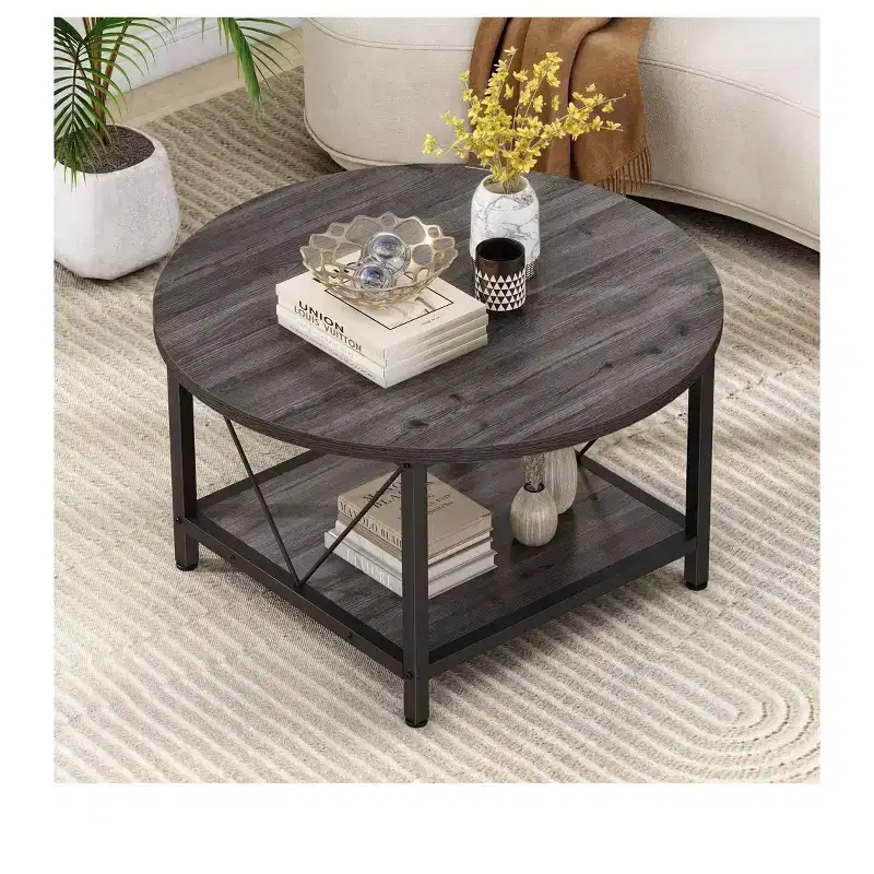 2-Tier Modern Round Coffee Table with Open Shelf for Living Room and Home Office