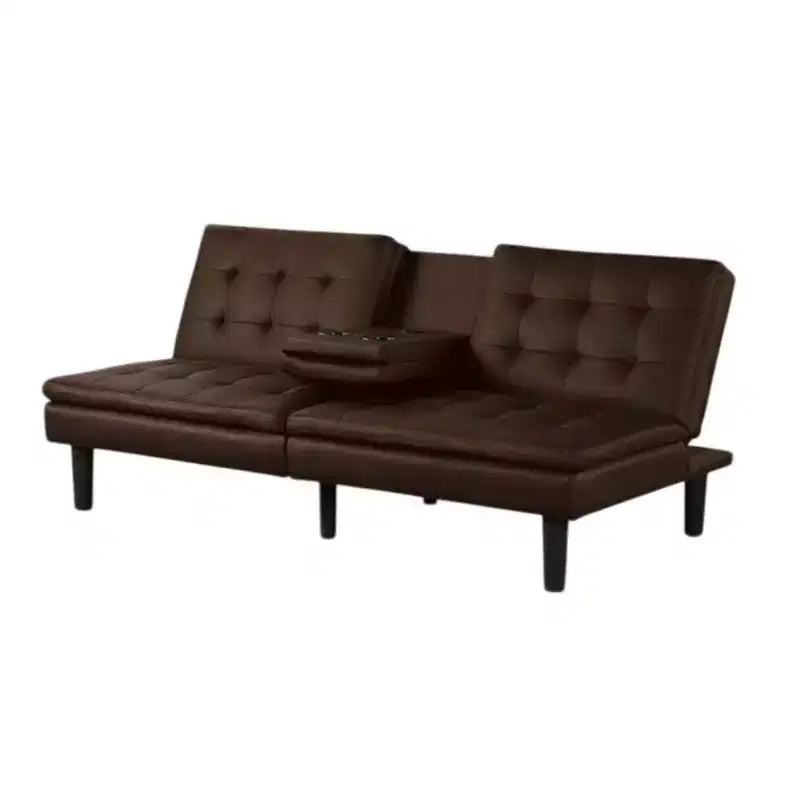 Royal Hampton Futon Sofa Bed, Drop-Down Tray and Cupholder, Brown Faux Leather