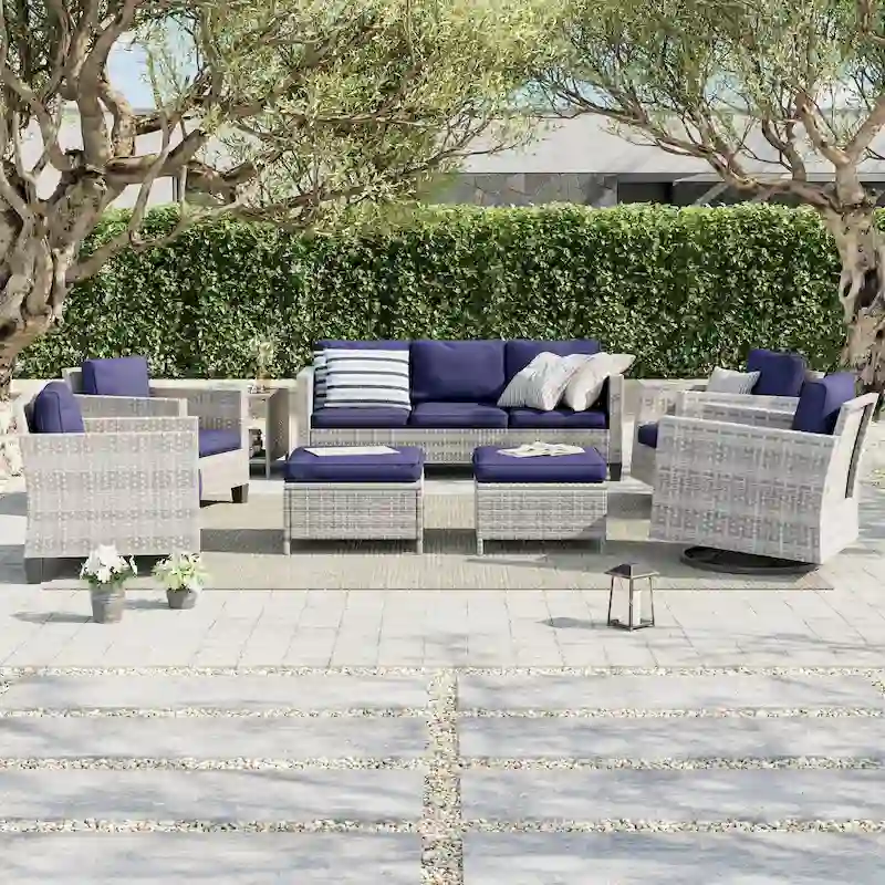LIVOOSUN 8Pcs Patio Rocking Swivel Chair Sectional Brown Wicker Ottoman Sofa Set