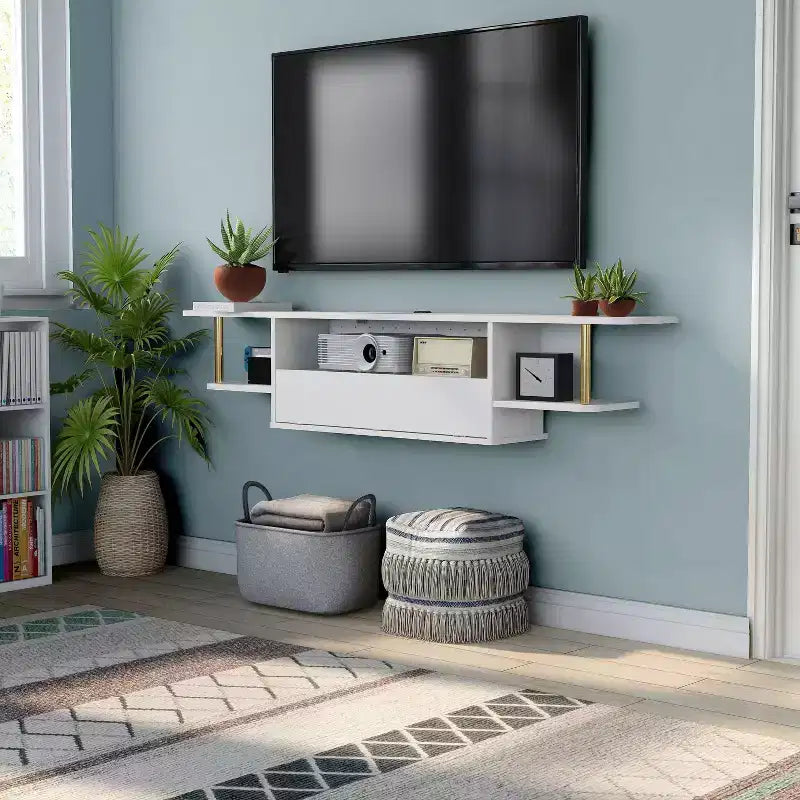miBasics Kevis Modern Floating TV Stand for TVs up to 70" White: Wall Mounted Media Console with Storage