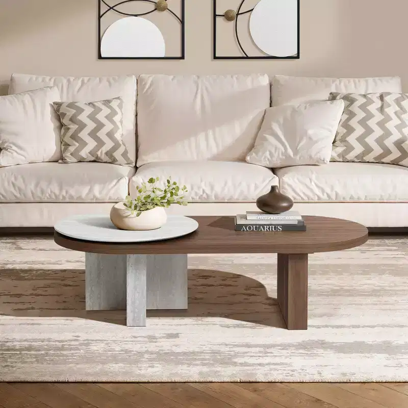 LuxenHome Travertine-Style and Walnut Finish MDF Wood Oval Coffee Table Brown