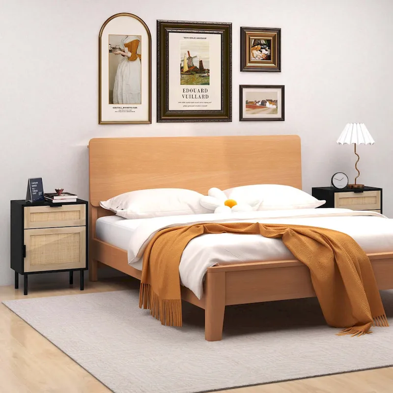 Mid-Century Rattan Nightstand Set of 2 with Drawer & Cabinet | Metal Legs | 18