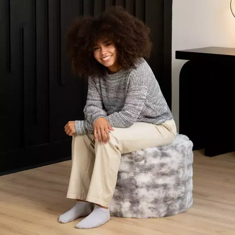 Raven Round Ottoman Accent Pouf by Raven-Symon Home - Faux Fur