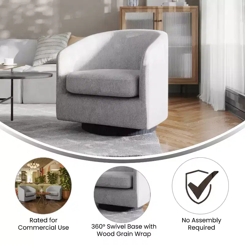 Emma and Oliver Upholstered Club Style Barrel Accent Chair with 360 Degree Swivel Vinyl Wrapped Base and Sloped Armrests
