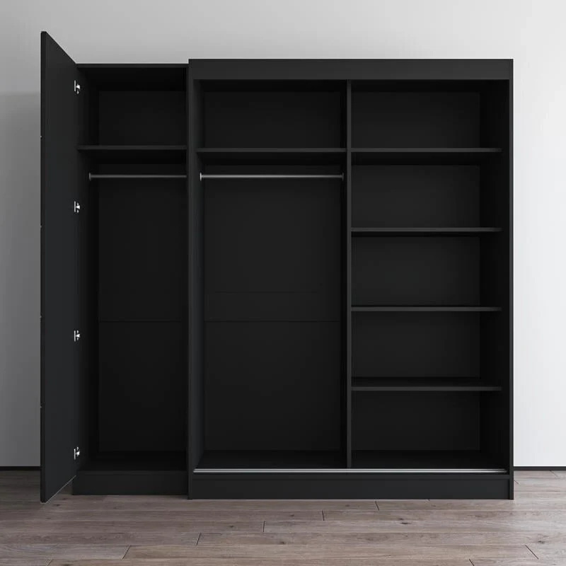 2-Door Wardrobe with Mirror, Glass Front, 2-Person (Gray / Black / White)