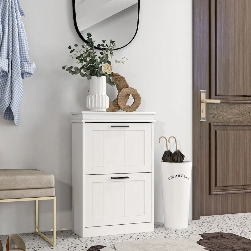 Shoe Cabinet for Entryway, Narrow Shoe Rack Storage Organizer with 2 Flip Drawers and Adjustable Shelves
