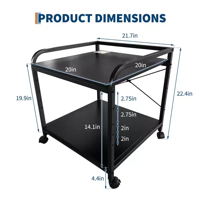 Under Desk Printer Stand, 20 Deep Large Printer Table with Height Adjustable Storage Shelf, 2 Tier Rolling Printer Cart with Wheels for Home Office