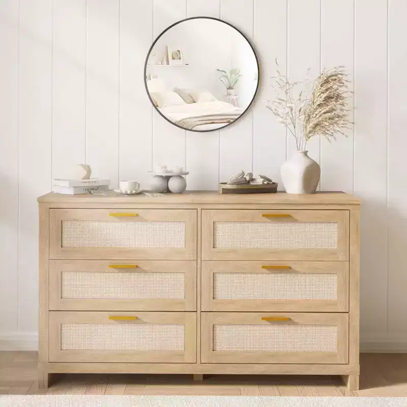 Zstar Dresser for Bedroom, Wooden Storage Cabinet with Rattan Fronts