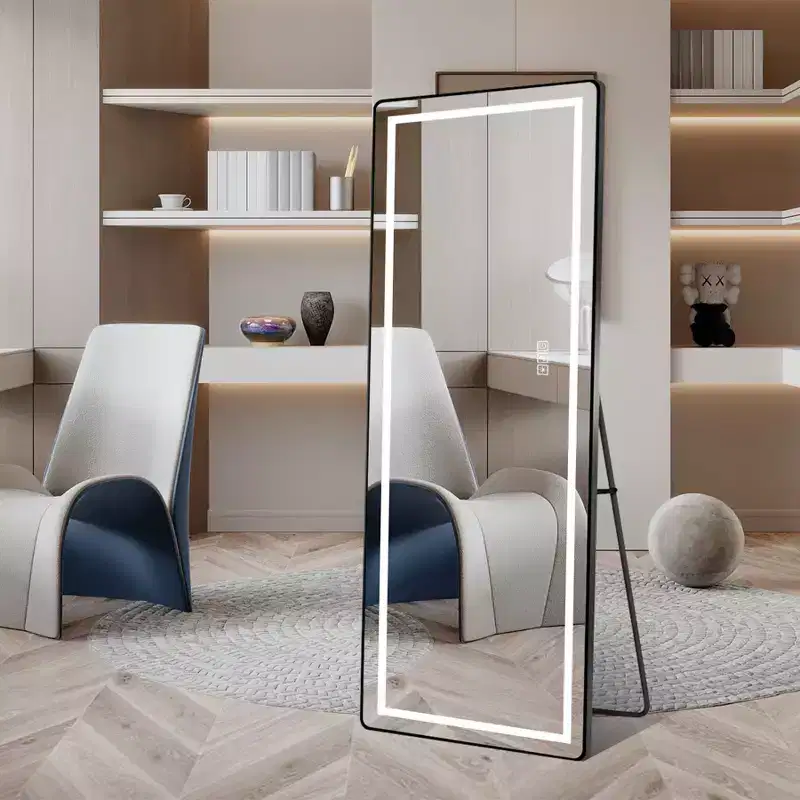 64 x 21 Inch Black Aluminum Alloy Thin Frame Full Length Mirror with LED Light, Illuminated Floor Mirror with Bracket for Bedroom