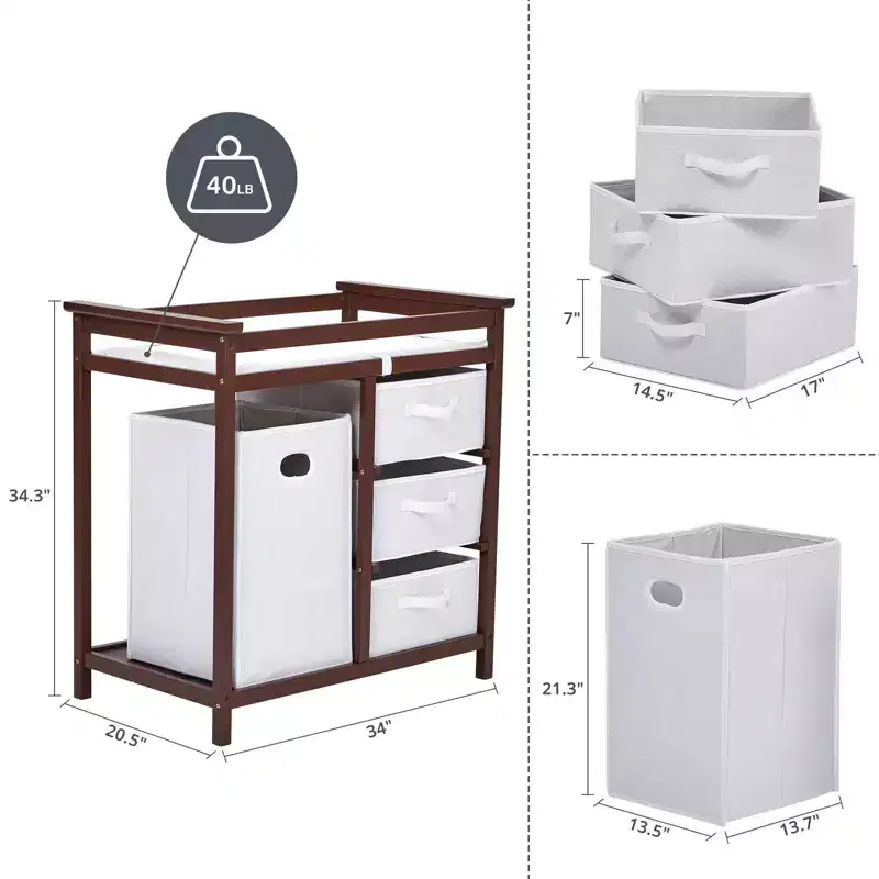 36 Modern Baby Changing Table Dresser with 3 Drawers & Laundry Hamper  Nursery Furniture