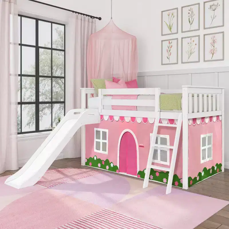 Solid Wood Twin Over Twin Low Bunk Bed with Slide, 84.5