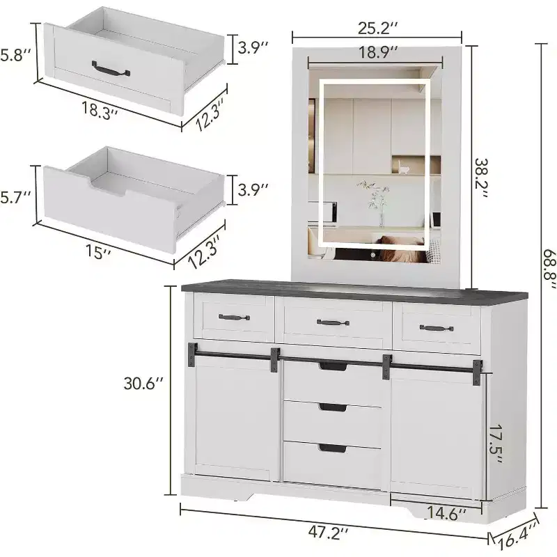 Acekool Farmhouse 6 Drawer Dresser with Sliding Barn Doors, Rustic Chest & TV Stand Organizer for Bedroom, Living Room