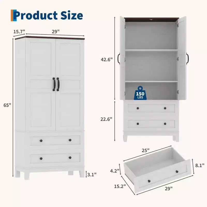 65 Tall Storage Cabinet with Adjustable Shelves, Farmhouse Wooden Pantry w/ 2 Doors & 2 Drawers, Freestanding Bookcases for Dining Room, Living Room