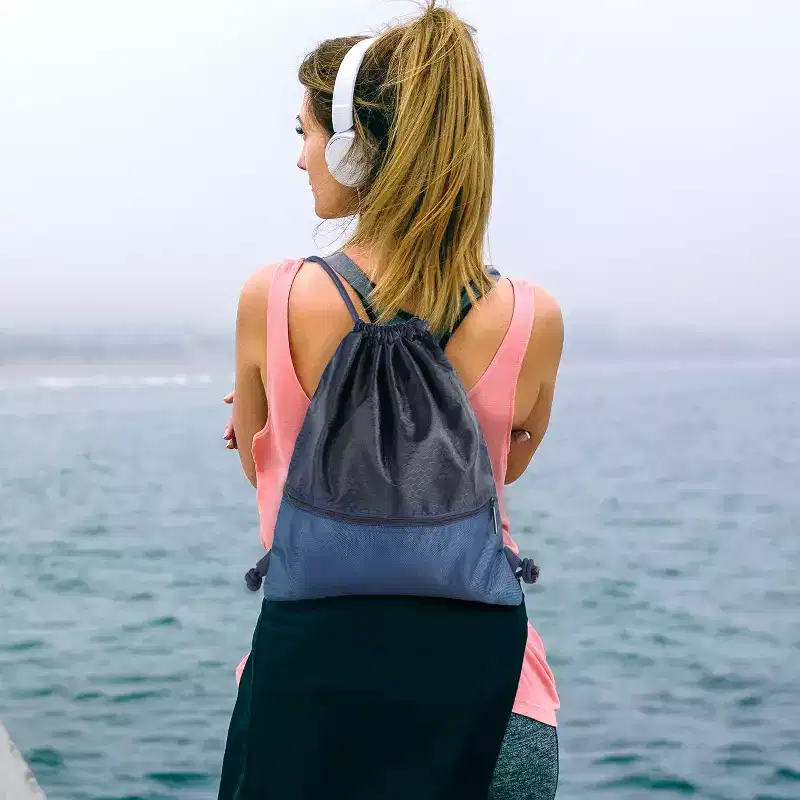 Drawstring Backpack Bag, Waterproof Draw String Back Sack with Zip Pocket, Gym Drawstring Bags Swim Bag for Men Women (Navy Blue, Upgraded) One Size