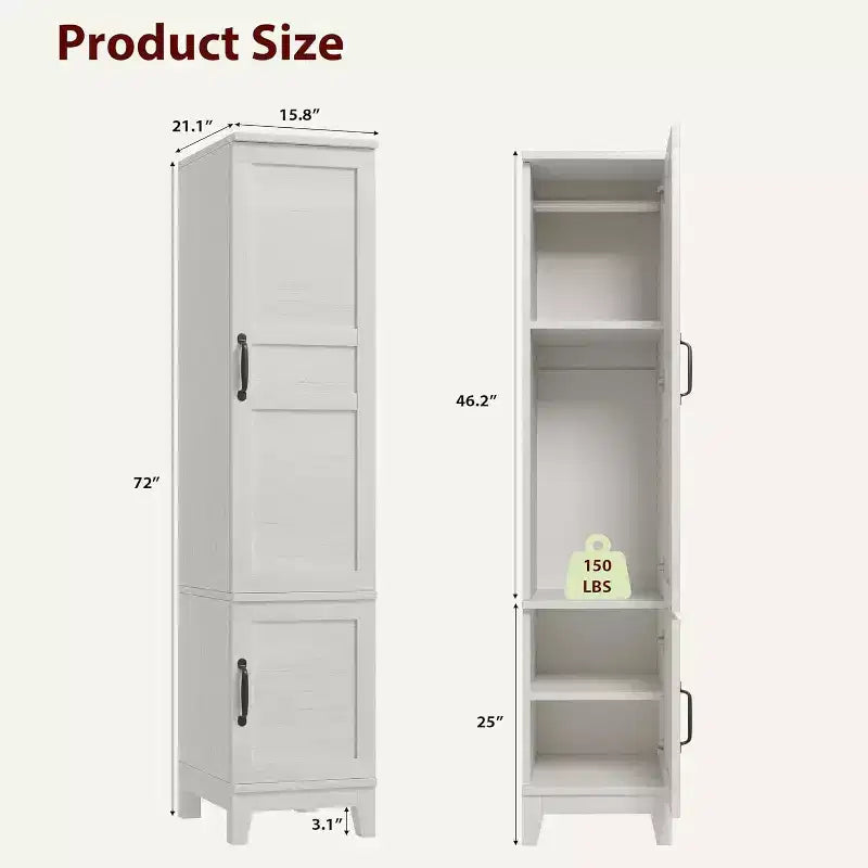 Armoire Wardrobe Closet with 2 Doors,72 in Wooden Wardrobe Cabinet with Hanging Rod, Narrow Tall Clothing Armoire Cabinet with 18 Adjustable Shelves