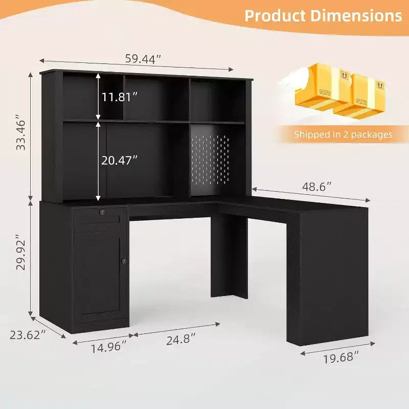MooxvMoo L Shaped Wooden Desk with LED Lights, Drawers and Bookshelf, Modern Corner Computer Table for Home Office and Gaming, Walnut