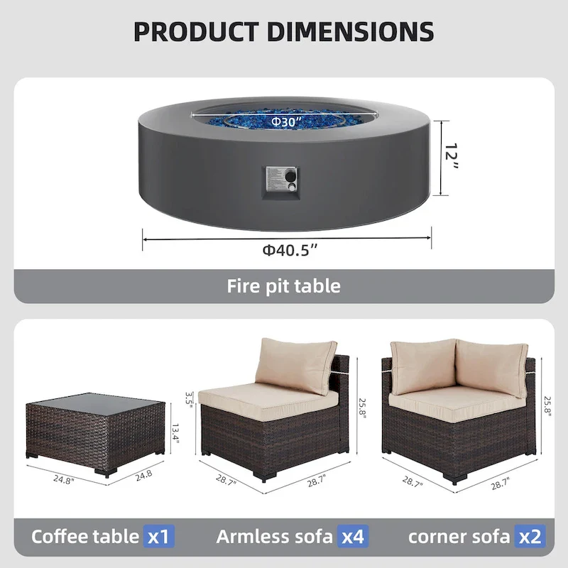 UPHA 8 Pieces Patio Furniture Set with 50,000 BTU Propane Fire Pit Table, Beige / Navy Blue Cushions