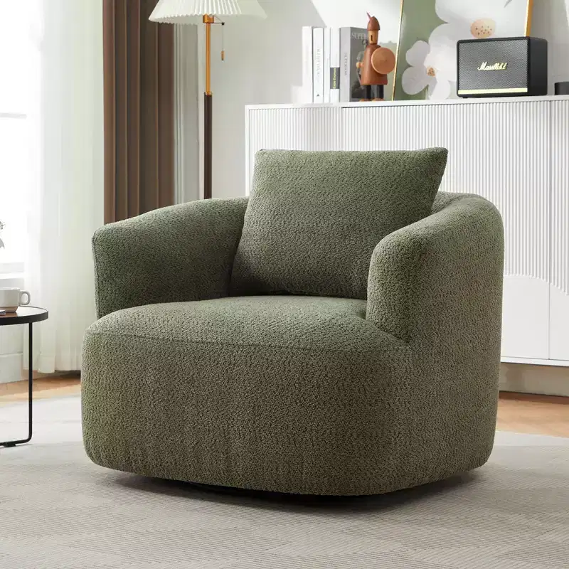 360 Degree Swivel Accent Chair 38.2 Inch Wide Upholstered Barrel Chair Deep Seat Boucle Fabric for Living Room Bedroom Office Green