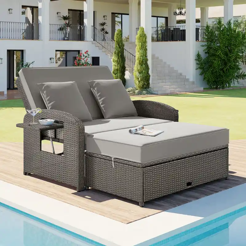 PE Wicker Rattan Double Chaise Lounge, 2-Person Reclining Daybed with Adjustable Back and Cushions, Patio Sun Lounger