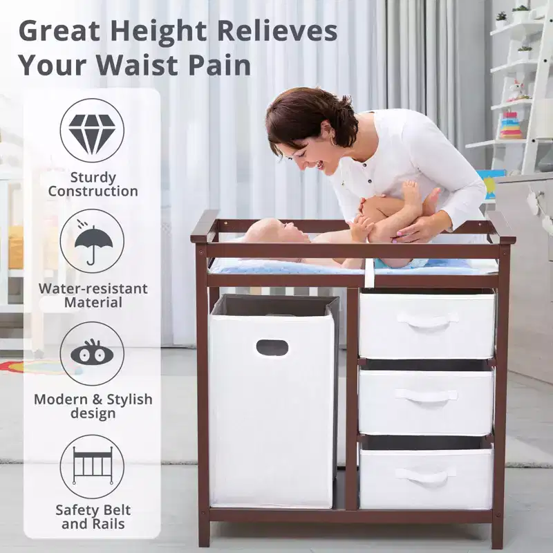 36 Modern Baby Changing Table Dresser with 3 Drawers & Laundry Hamper  Nursery Furniture