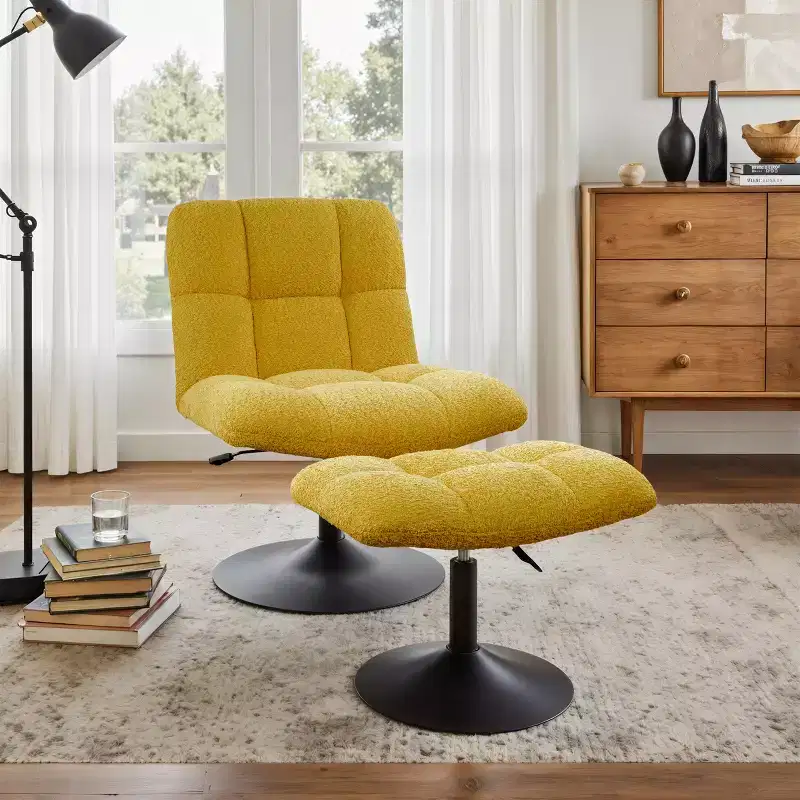 Art Leon Leisure Linen Fabric Swivel Accent Chair with Ottoman, Wood and Metal Frame