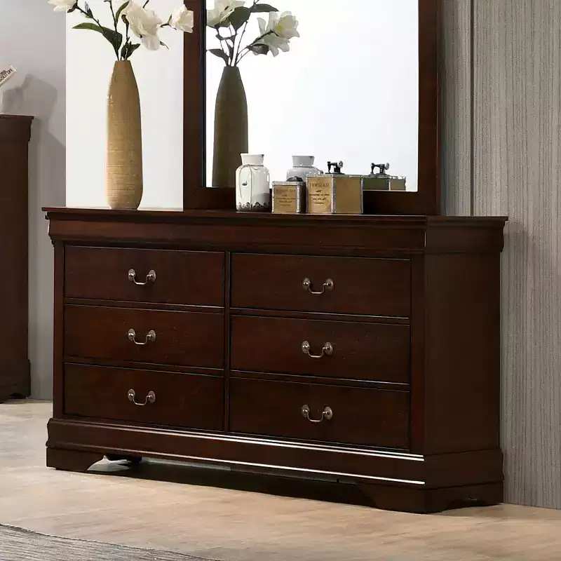 Sliver 6 Drawer Dresser Cherry Inside + Out: Transitional Style, Wood Veneer, Metal Hardware