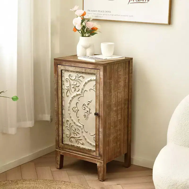 Vintage End Table with Floral Door Panel - Indoor Storage Cabinet, Natural and Cream Finish