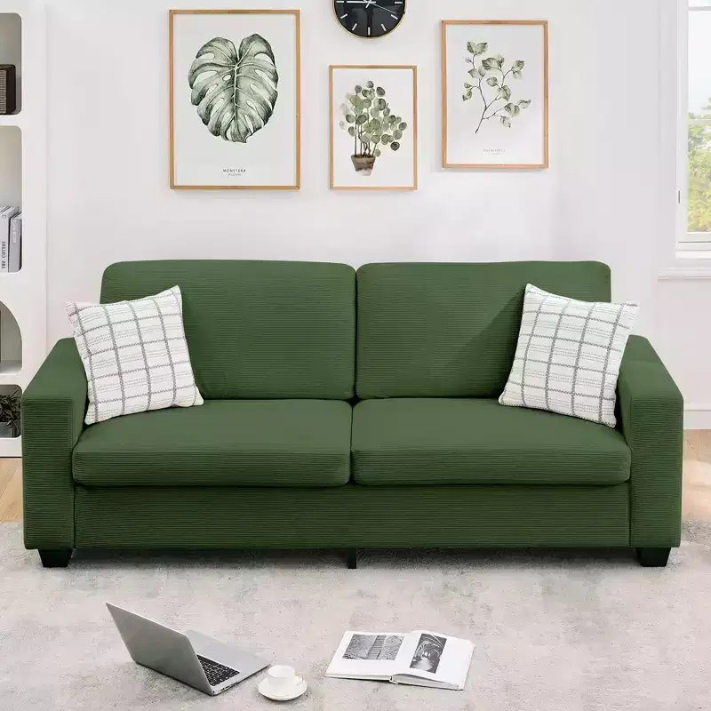 Beige Corduroy 3-Seater Sofa, Wide Armrests & Deep Seat, 83