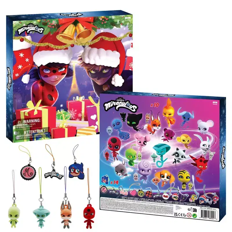 Miraculous Ladybug Advent Kwami Calendar with Miniature Flocked Kwamis, Seasonal Charms Collectible Toys for Kids for Christmas with Hooks and Ribbons