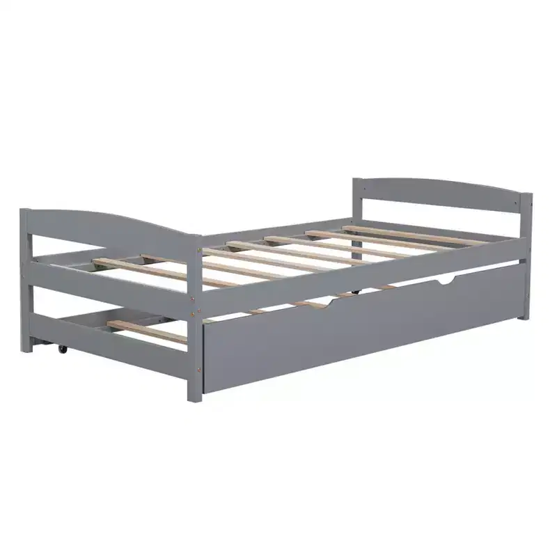 Twin Platform Bed with Headboard, End Board & Trundle – Pine Wood Frame, No Box Spring Needed