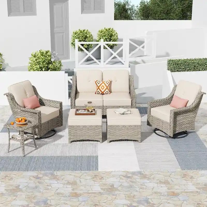 HOOOWOOO 6-piece Wicker Furniture Patio Loveseat Sofa Conversation Set with Swivel Chair