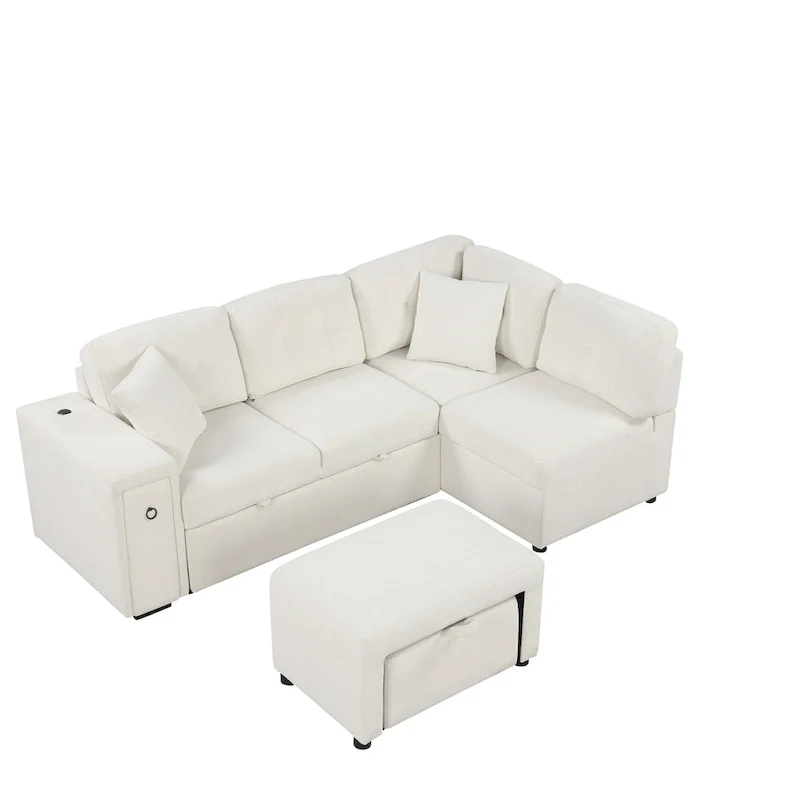 L-Shaped 4-Seat Sectional Sofa with Pull-Out Bed, Ottoman, USB Ports & Drop-Down Table