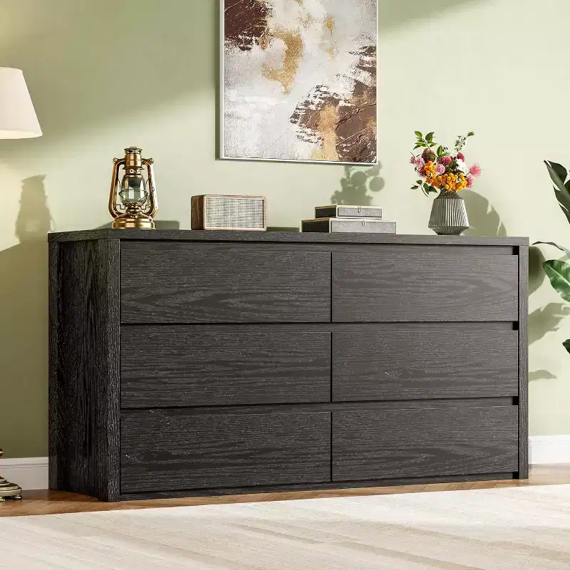 6 Drawer Dresser with Wood Grain Finish – Wide Chest of Drawers for Bedroom, Living Room and Entryway
