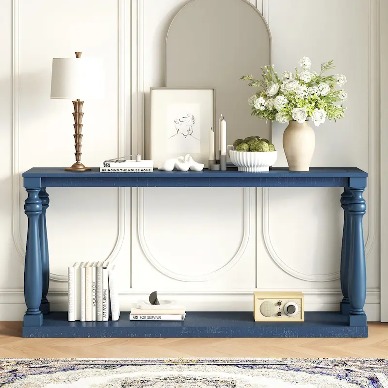 63 Long Entryway Console Table Sofa Table with Bottom Storage Shelf & Sculptural Vase-Leg for Hallway Living Room