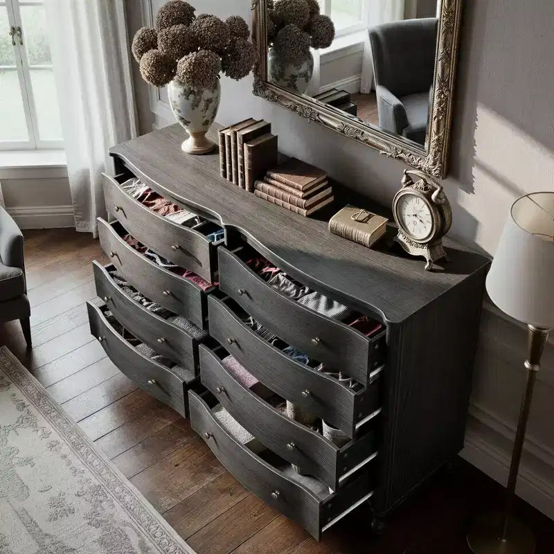 Homsee Black/Light Oak Curved-Front Vintage Dresser with 8 Drawers Luxury Bedroom Storage Dresser with Bronze Knobs Dressing Vanity Table