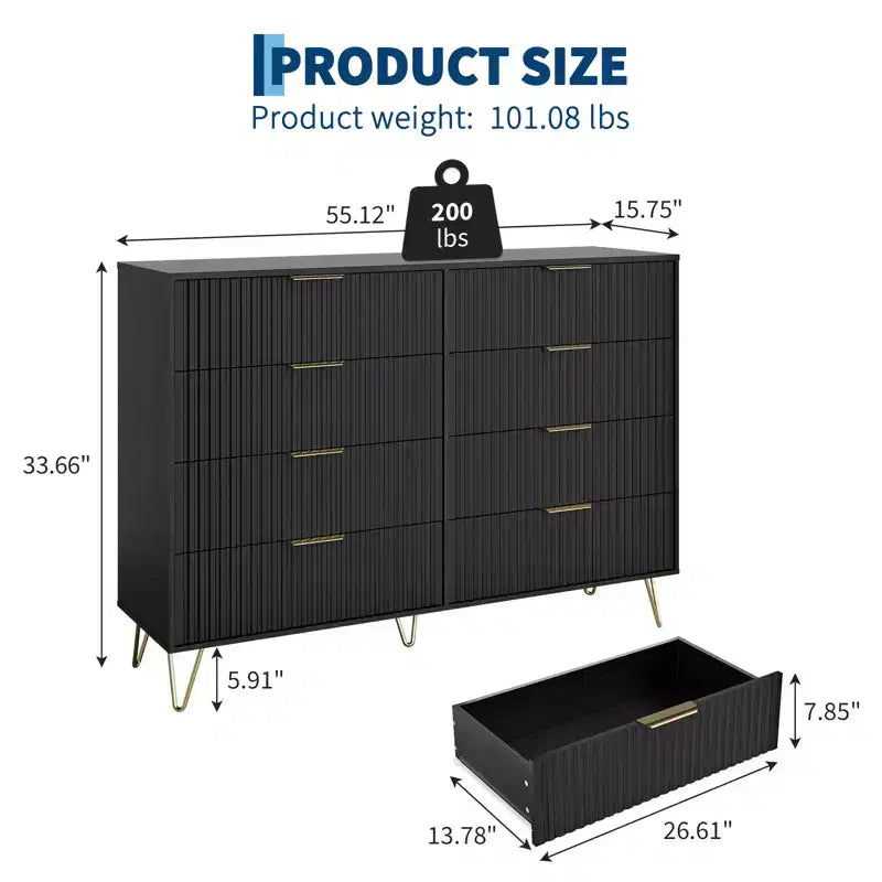 8 Drawer Dresser for Bedroom, 55W Wood Chest of Drawers with Metal Legs, Clothes Storage Organizer,Closet Dresser & TV Stand for Hallway